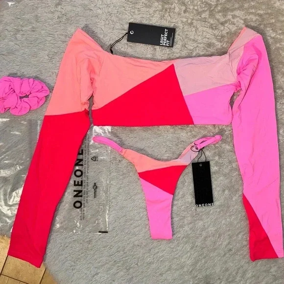 NWT OneOne Swimwear SET Bikini Gili Antonia Fernanda Pink Red NEW Long Sleeve - Picture 2 of 7